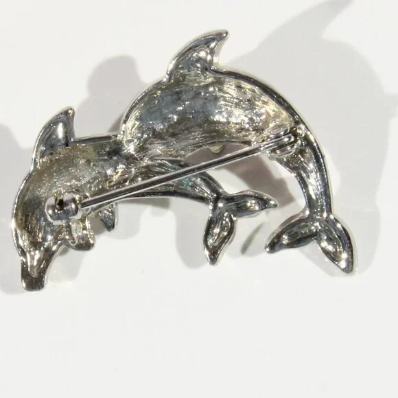 Vintage Silver-Tone Dolphin Brooch with Pink, Clear, & Green Rhinestones - Picture 2 of 5